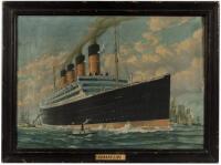 Chromolithograph on canvas of the Cunard Line ship 'Aquitania' departing New York City