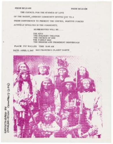 Press Release. The Council for the Summer of Love of the Haight Ashbury Community Invites you to a Press Conference to Present the Unified, Positive Forces Actively Involved in the Community... rare press release