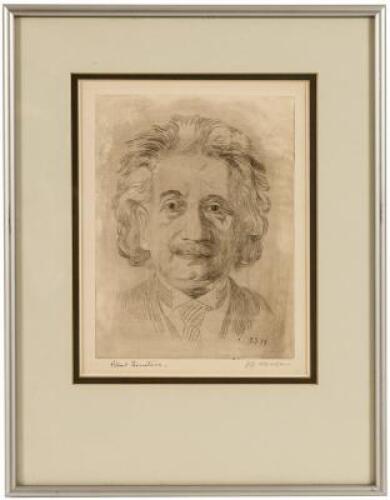 Original etched portrait of Albert Einstein, signed by both Einstein & the artist J.J. Muller