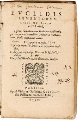 Euclidis Elementorum libri XV Graecè & Latinè: Quibus, cum ad omnem Mathematicae scientiae partem, tum ad quam libet Geometriae tractationem, facilis comparatur aditus…