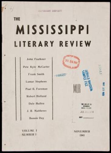 The Mississippi Literary Review. Volume I, Number 1 - first and only issue