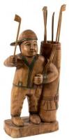 Solid wood sculpture of a caddy, complete with a set of interchangeable golf clubs