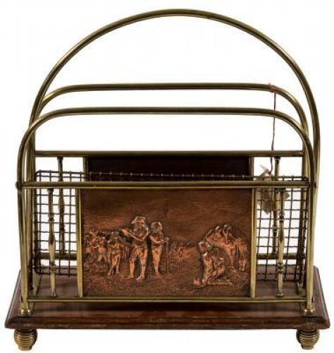 Antique copper and wood magazine rack with golfer illustration