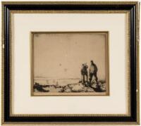 Original etching with drypoint, signed - golfer and his caddy, in the rough