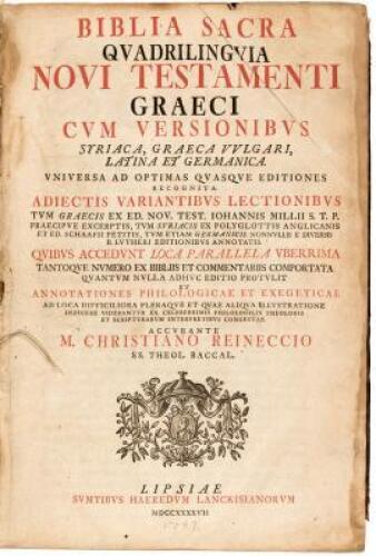 Biblia Sacra qvadrilinigvia Veteris Testamenti Hebraici cvm versionibvs e regione positis vtpote versione Græca LXX interpretvm ex codice msto. Alexandrino a Iohanne Ernesto Grabio primvm evvlgata... et Germanica B. Lvtheri... [with] Biblia Sacra quadrili