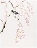 Original watercolor of a bird perched on a blossoming tree