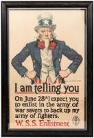 "I am telling you. On June 28th I expect you to enlist in the army of war savers to back up my army of fighters." - W.S.S. Enlistment poster