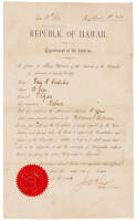 Document Signed by James Anderson King as Minister of Interior of the Republic of Hawaii, granting privileges of citizenship to an immigrant laborer