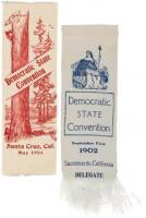 Two 1902-04 Silk ribbons for Democratic State Convention delegates, Sacramento and Santa Cruz