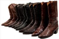 17 pairs of cowboy boots, consisting of 9 pairs of Justins, 3 Luchese, 4 Tony Lama, and 1 Nocona (Texas).