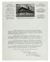 Letter from the Mutual Security Company offering for sale bonds to cover the construction costs of the Yosemite Post Office Building, on letterhead with a reproduced photograph of the building