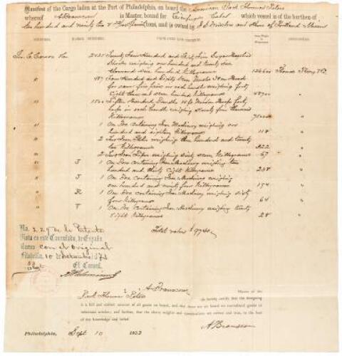 Ship's manifest with cargo destined for Cuba, plus several Cuban customs documents