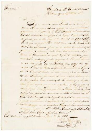 Autograph letter, signed, from U.S. Consul to the Captain General of Cuba regarding the U.S. Schooner Porpoise