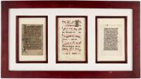 Two Illumated Manuscript Leaves from Books of Hours (Horae B.M.V) in addition to a small Antiphonal Leaf. All on vellum.