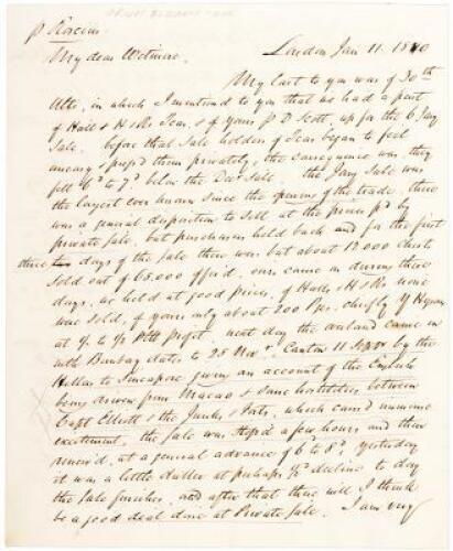 Autograph Letter Signed by John Cryder in London, to his business partner William Wetmore in New York, regarding the Opium War in China and its impact on trade relating to Wetmore's trading house in Canton