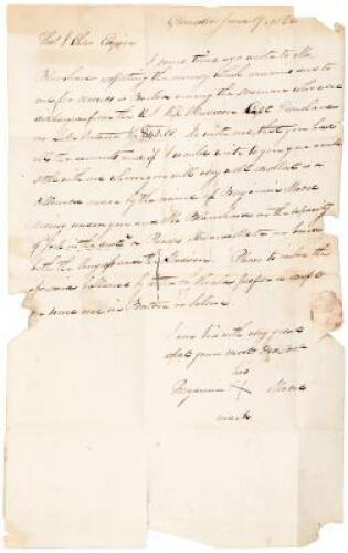 Autograph letter signed with his mark by Benjamin Moore, and African American barber on a ship, requesting pay for his services