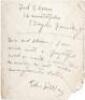 Autographs Note Signed by Edna St. Vincent Millay, on the back of an envelope, to a Ted Sloan