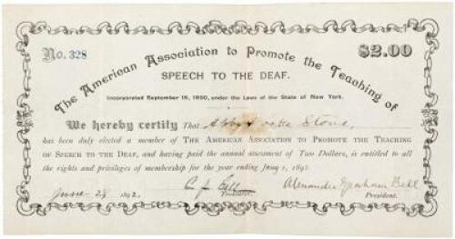 Document Signed by Alexander Graham Bell, certifying Abby Locke Stone as a teacher at the American Association to Promote the Teaching of Speech to the Deaf - plus related items