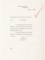 Typed letter signed by Harry S. Truman with his initials, being a memorandum to the Secretary of the Treasurey