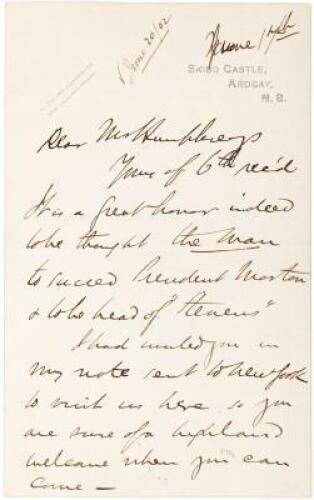 Autograph Letter Signed by Andrew Carnegie, to an Alex Humphreys in London, inviting him to visit Carnegie in Scotland