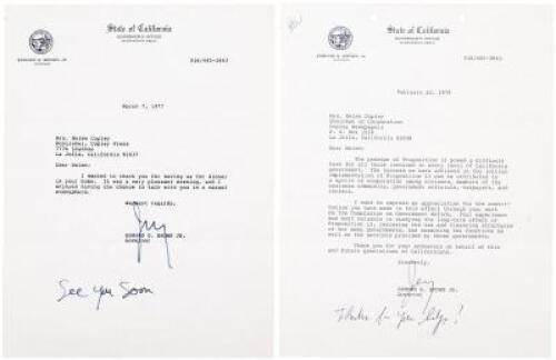 Two Typed Letters Signed from Edmund G. Brown as Governor of California to Mrs. Helen Copley