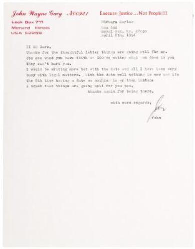 Archive of 15 Typed Letters Signed by John Wayne Gacy, to Barbara Marlow