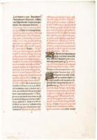 Illuminated manuscript leaf on vellum, in red & black ink, with decorated initials