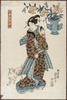 Bijinga - ukiyo-e woodblock print of a beautiful woman with her two cats, by Kuniyoshi