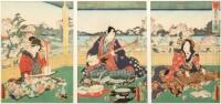 "Musicians Playing on the Veranda" - Ukiyo-e color woodblock triptych