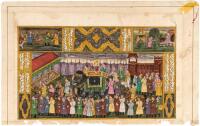 Mughal illuminated manuscript leaf with elaborate hand-painted scene of a royal procession