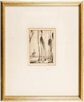 Etching of a pair of people walking down a tree-lined street