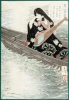 Ukiyo-e color woodblock print of a woman brushing her hair while sitting in a boat