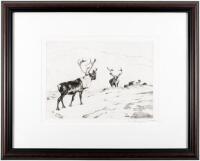 Two Caribou - an etching of two Alaskan caribou