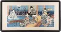 Five ladies and a koto - Ukiyo-e color woodblock triptych