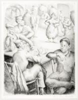 Etching of men at a bar, signed by Luis Quintanilla