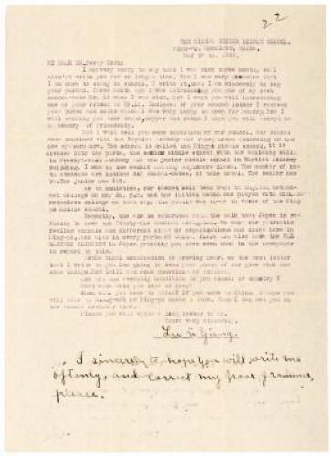 1923 Ningpo Christian students oppose Japanese “21 Demands” - Typed Letter Signed, with Autograph Note