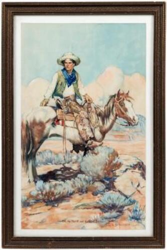Tex, the Sheriff and his horse "Patches" - original watercolor, being a reduced copy of the original painting by Frank E. Schoonover, presented to San Francisco Mayor James Rolph, Jr.