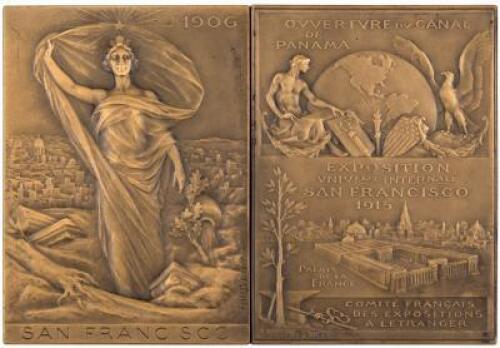 Two identical rectangular bronze presentation medals from France for the 1915 Panama Pacific Exposition given to Mayor James Rolph Jr.