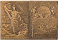 Two identical rectangular bronze presentation medals from France for the 1915 Panama Pacific Exposition given to Mayor James Rolph Jr.