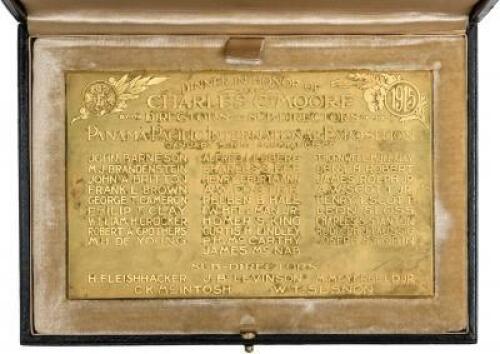 Engraved gold plated ceremonial plaque for a dinner given in honor of Charls C. Moore by the Directors and Sub Directors of the Panama Pacific International Exposition, January 5, 1916 in San Francisco