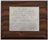 Engraved silver plaque presented in admiration to James Rolph, Jr., by the Citizens of Cebu, Philippine Islands