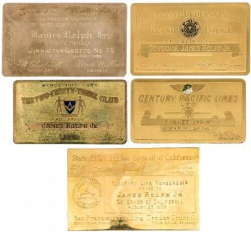Five gold or gold-plate ceremonial membership certificates for various organizations given to James Rolph, Jr.