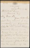 Autograph letter, signed from a future Governor prosecuted in Illinois in 1859 for feeding a hungry black