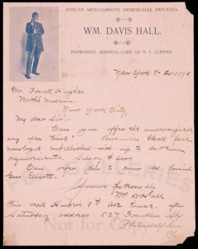 Autograph letter, signed on pictorial stationery, with photograph of William Davis in black-face