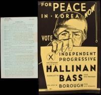For Peace in Korea Now! Vote Independent Progressive / For President, Vincent Hallinan / Charlotta Bass for Vice President / Reuben Borough for U.S. Senate - original campaign poster