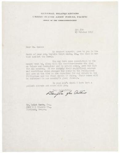 Typed Letter Signed by Douglas MacArthur, offering condolences to the father of a soldier killed on the Philippines, plus 12 letters from the soldier, Lt . Ralph Amato, Jr., to his sister