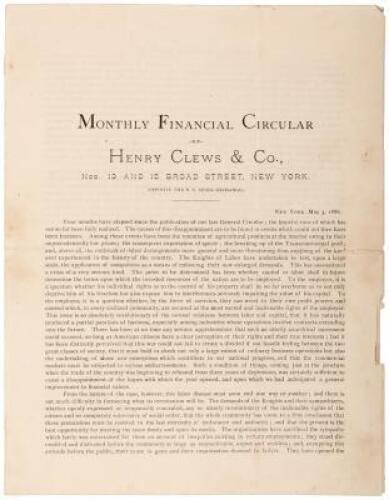 Monthly Financial Circular of Wall St. firm Henry Clews & Co.