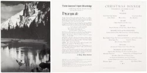 Two menus from the Ahwahnee Hotel annual Bracebridge Christmas dinner, with photographs by Ansel Adams