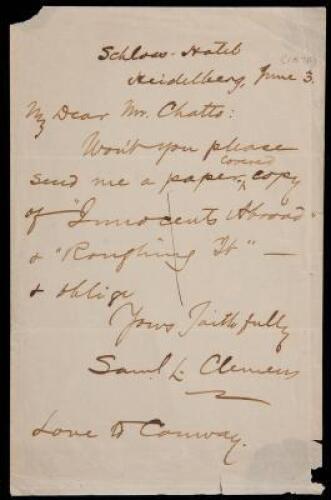 Autograph Letter Signed as Samuel L. Clemens, to Andrew Chatto, requesting some of his printed works be sent to him