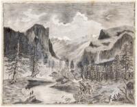 Original pencil drawing with some white watercolor, of Yosemite Valley, and several fishermen on the banks of the Merced River